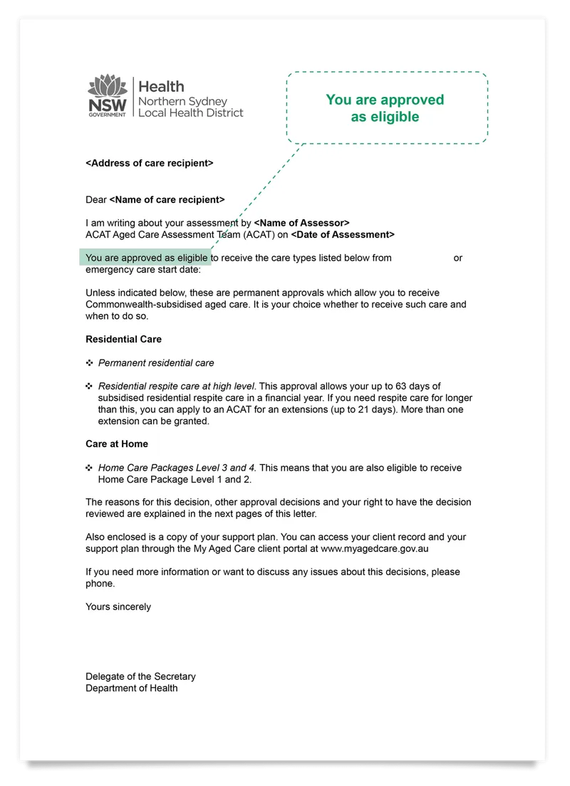 Home Care Package approval letter