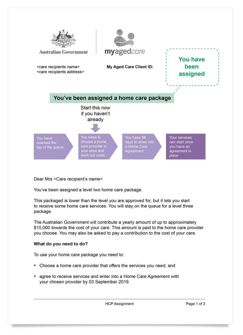 Home Care Package assignment letter