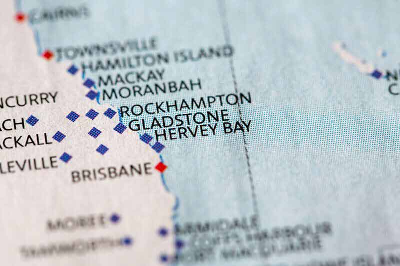 A blue and white map showing Hervey Bay