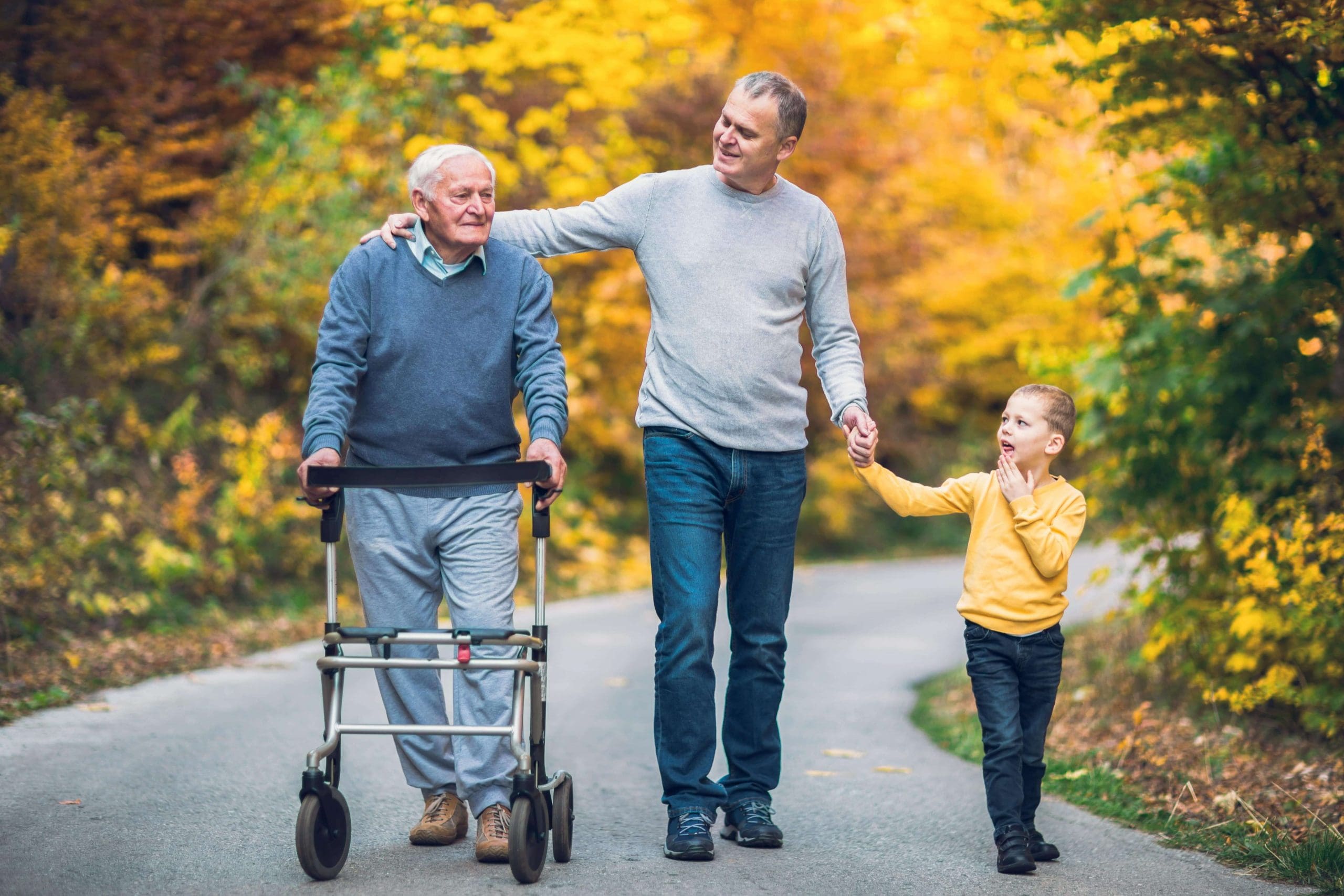 Elderly man with son and grandson walking down a street lined with autumn trees