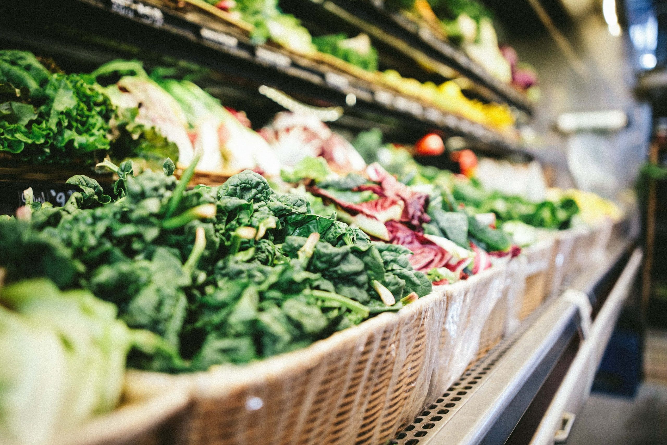 Fresh fruit and vegetable section in a supermarket