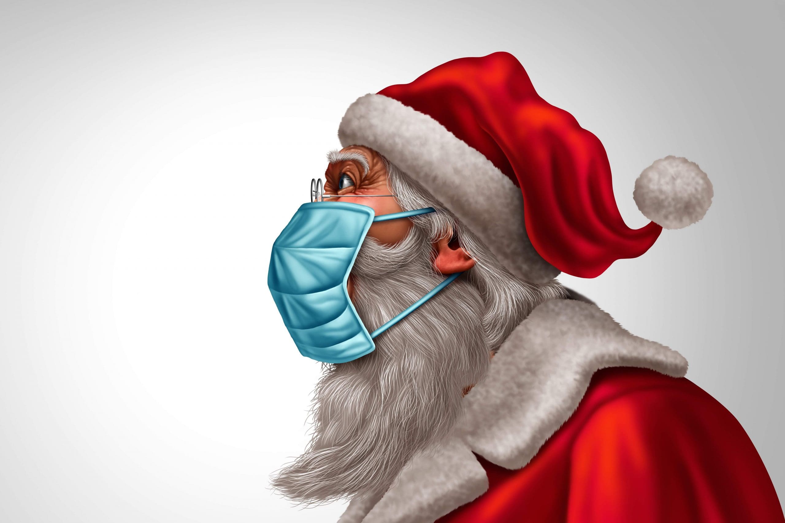 Illustration of Santa Claus wearing a blue surgical mask