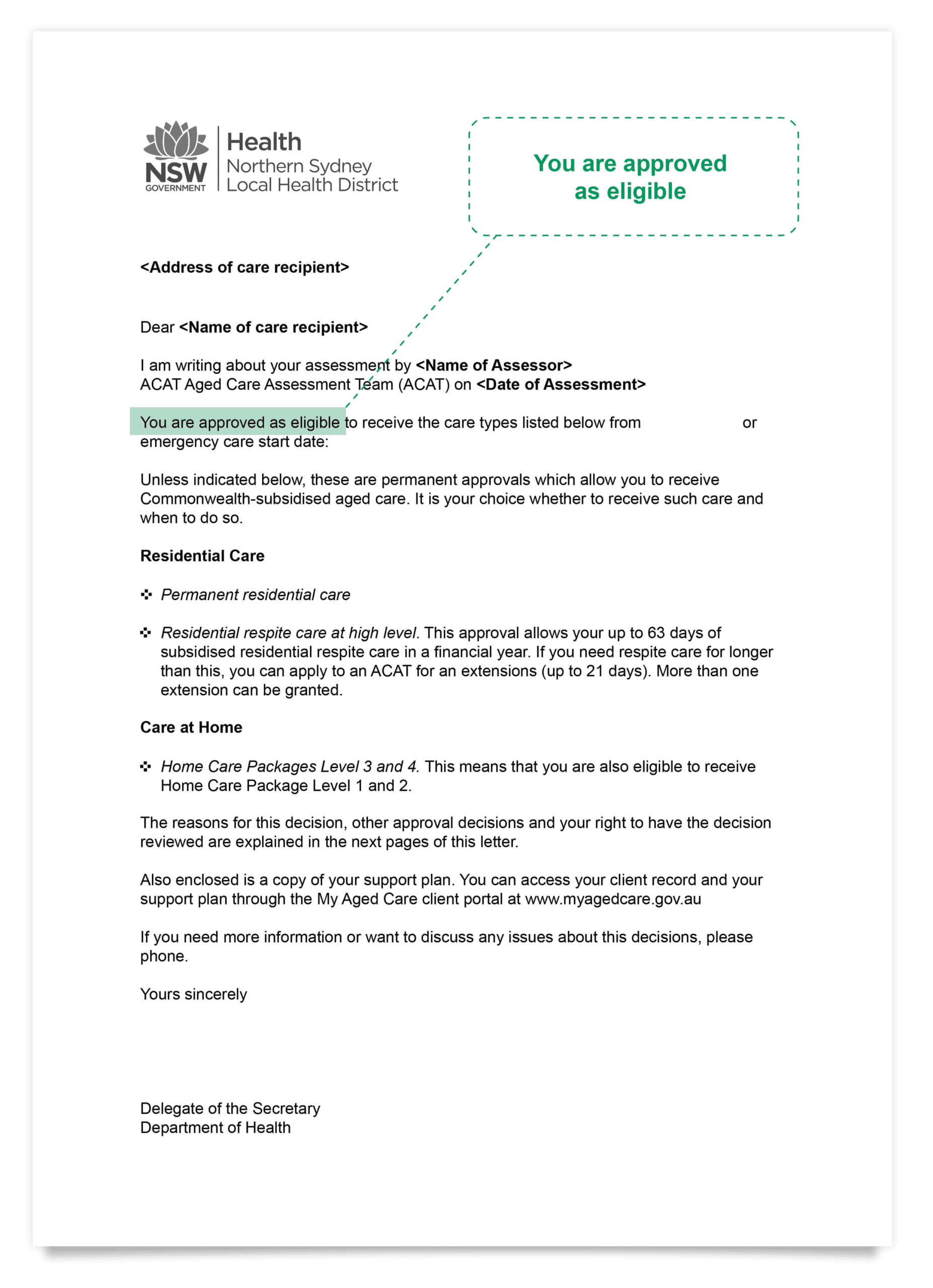 Home Care Package approval letter